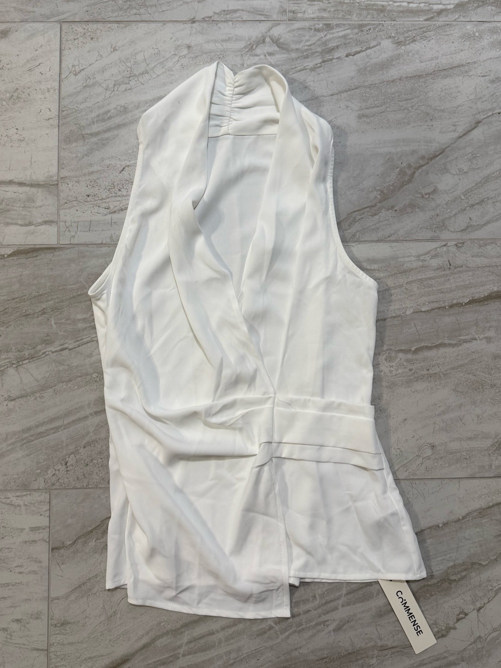 NWT Commense White Sleeveless Draped V-Neck Top Blouse